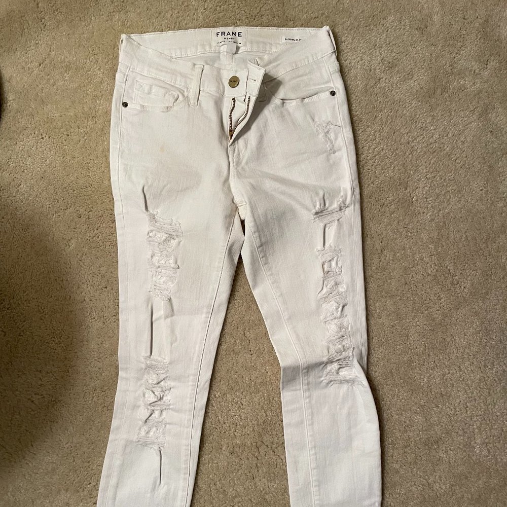 Frame Le Skinny De Jeanne White Blanc Distressed Skinny Jeans Size 26